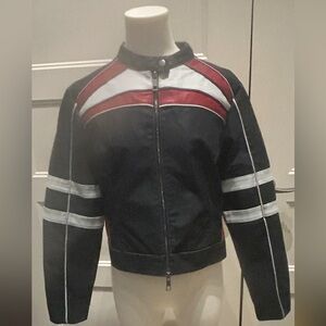 Wild Fable Black Leather Bomber Biker Jacket with Red and White Stripes Sz sm